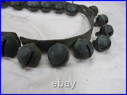 Antique Vtg Reindeer Sleigh Bell's Leather Strap 29 Brass Bells Christmas 44 Lg