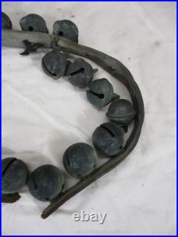 Antique Vtg Reindeer Sleigh Bell's Leather Strap 29 Brass Bells Christmas 44 Lg