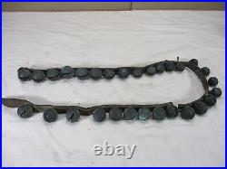 Antique Vtg Reindeer Sleigh Bell's Leather Strap 29 Brass Bells Christmas 44 Lg