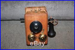 Antique WESTERN ELECTRIC Telephone Wooden Case Wall Box Crank Brass Bell Ringer
