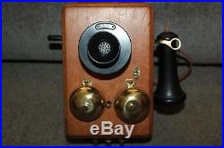 Antique WESTERN ELECTRIC Telephone Wooden Case Wall Box Crank Brass Bell Ringer