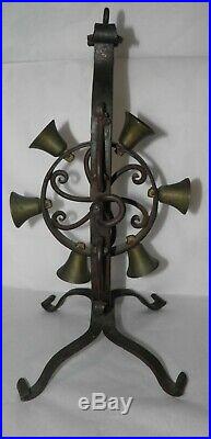 Antique WROUGHT IRON & BRASS Hand Crank Wheel of Bells 1800s Shop or Dinner Bell