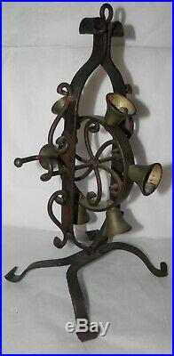 Antique WROUGHT IRON & BRASS Hand Crank Wheel of Bells 1800s Shop or Dinner Bell