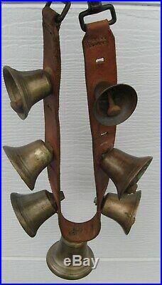 Antique Wide Leather Strap Of Lg Brass Bells For Horse Multi Sizes Great Sound