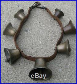 Antique Wide Leather Strap Of Lg Brass Bells For Horse Multi Sizes Great Sound