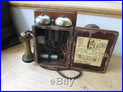 Antique Wood Box Telephone Rotary Dial, Brass, Bells