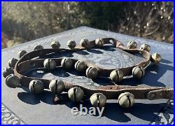 Antique Worn Leather Horse Strap with 23 #2 Decorated Brass Sleigh Bells