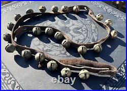 Antique Worn Leather Horse Strap with 23 #2 Decorated Brass Sleigh Bells