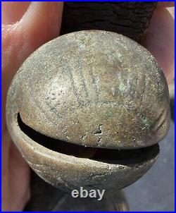 Antique Worn Leather Horse Strap with 23 #2 Decorated Brass Sleigh Bells