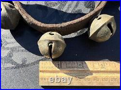 Antique Worn Leather Horse Strap with 23 #2 Decorated Brass Sleigh Bells