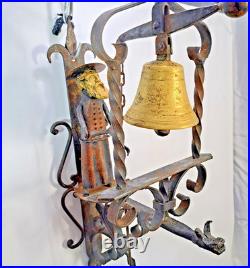 Antique Wrought Iron Brass Figural Wall Door Bell European Architectural Salvage
