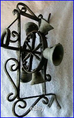 Antique Wrought Iron & Brass Rotating Wheel Mechanical Door Bell, Ring of bells