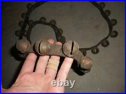 Antique brass sleigh bells 42 on single old leather horse strap with buckle