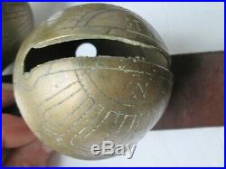 Antique brass sleigh bells lge. 90in. Strap with 21 large bells 1.75in. To 2.50 in