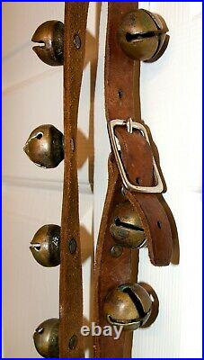 Antique brass sleigh bells on 6.5 foot leather strap