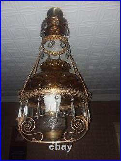 Antique hanging brass oil / kerosene parlor lamp