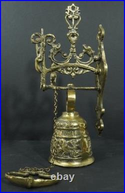 Antique high quality brass ornate wall mounted bell in Gothic style inscribed