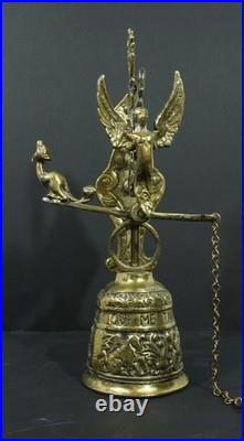 Antique high quality brass ornate wall mounted bell in Gothic style inscribed