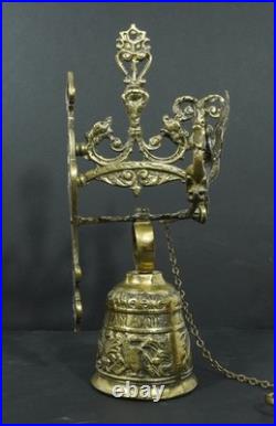 Antique high quality brass ornate wall mounted bell in Gothic style inscribed
