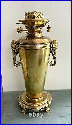 Antique large brass oil lamp Elephant handles and HInks no2 burner toggle bell