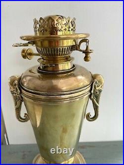 Antique large brass oil lamp Elephant handles and HInks no2 burner toggle bell