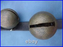 Antique numbered Brass Horse Sleigh Bells Leather Strap 11 Bells as found