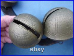 Antique numbered Brass Horse Sleigh Bells Leather Strap 11 Bells as found