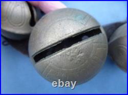 Antique numbered Brass Horse Sleigh Bells Leather Strap 11 Bells as found