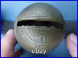 Antique numbered Brass Horse Sleigh Bells Leather Strap 11 Bells as found