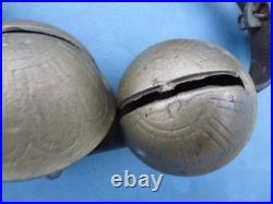 Antique numbered Brass Horse Sleigh Bells Leather Strap 11 Bells as found