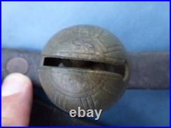 Antique numbered Brass Horse Sleigh Bells Leather Strap 11 Bells as found