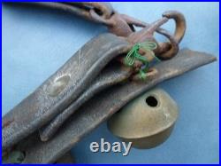 Antique numbered Brass Horse Sleigh Bells Leather Strap 11 Bells as found