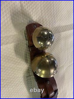 Antique solid brass sleigh bells on 16 Red Leather Harness strap