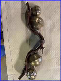 Antique solid brass sleigh bells on 16 Red Leather Harness strap