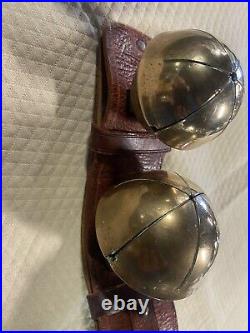 Antique solid brass sleigh bells on 16 Red Leather Harness strap