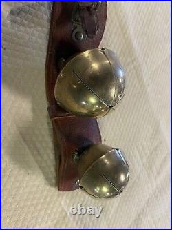 Antique solid brass sleigh bells on 16 Red Leather Harness strap