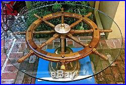 Antq Ships Brass Bell Helm Wheel Glass Table Top REDUCED NEW YEAR SALE 1ofaKind