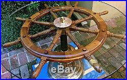 Antq Ships Brass Bell Helm Wheel Glass Table Top REDUCED NEW YEAR SALE 1ofaKind