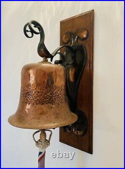 Arts & Crafts Hammered Copper and brass ships bell with bell rope (c1890-1900)