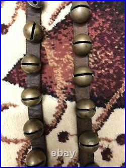 Authentic Antique Brass Sleigh Bells On Leather Belt Strap(36)