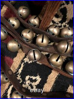 Authentic Antique Brass Sleigh Bells On Leather Belt Strap(36)