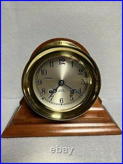 Beautiful 4 1/2 Brass Chelsea Ships Bell Clock in Original Box with Cherry Base