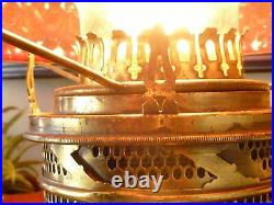 Beautiful Antique NEW ROCHESTER Ornate Embossed Brass Oil Lamp Red Quilt Shade