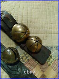 Big ANTIQUE sleigh RIDE BRASS bells leather strap LOT OF 3 CHRISTMAS HORSE