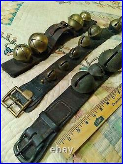 Big ANTIQUE sleigh RIDE BRASS bells leather strap LOT OF 3 CHRISTMAS HORSE
