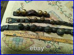 Big ANTIQUE sleigh RIDE BRASS bells leather strap LOT OF 3 CHRISTMAS HORSE