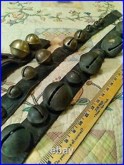 Big ANTIQUE sleigh RIDE BRASS bells leather strap LOT OF 3 CHRISTMAS HORSE