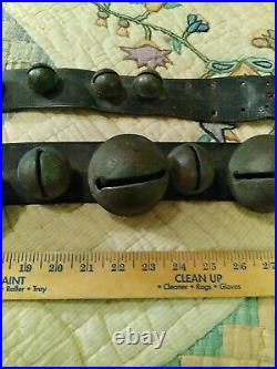 Big ANTIQUE sleigh RIDE BRASS bells leather strap LOT OF 3 CHRISTMAS HORSE