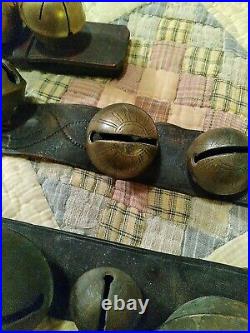 Big ANTIQUE sleigh RIDE BRASS bells leather strap LOT OF 3 CHRISTMAS HORSE