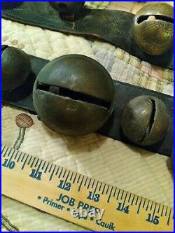 Big ANTIQUE sleigh RIDE BRASS bells leather strap LOT OF 3 CHRISTMAS HORSE